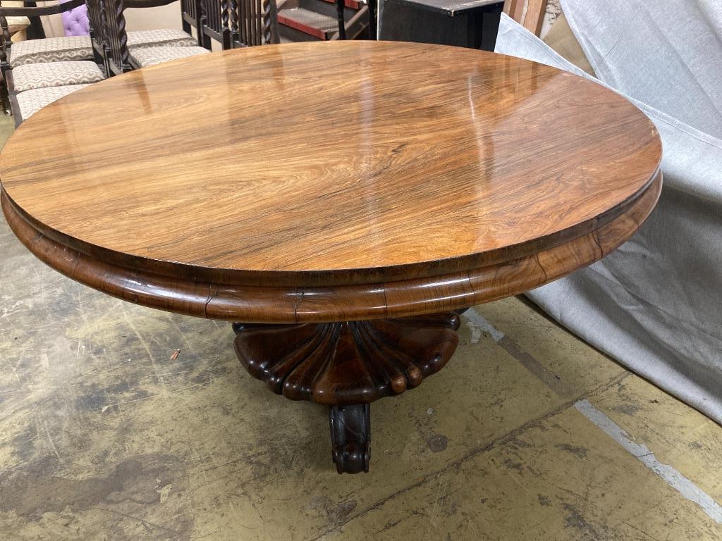 An early Victorian rosewood circular breakfast table, diameter 136cm, height 74cm Diameter 52in